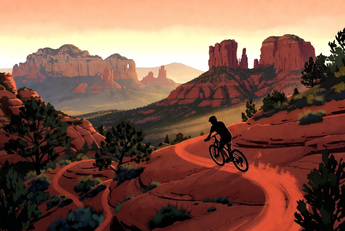 A lone mountain biker silhouetted on a red rock singletrack trail in Sedona, Arizona at golden hour, with towering red sandstone buttes rising in the background