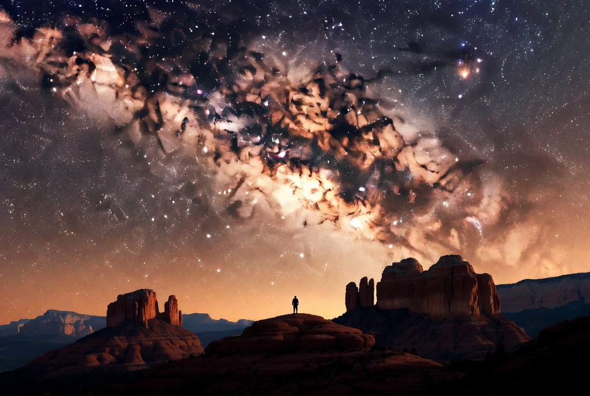 A lone figure stands on a red rock outcrop in Sedona, Arizona at night, gazing up at the Milky Way arching brilliantly across the dark sky above the iconic red rock buttes.